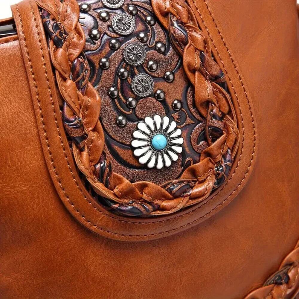 NEW Crossbody Bag Womens Brown Vintage Western Bucket Bag Ethnic Tooled Fringe - Picture 3 of 6